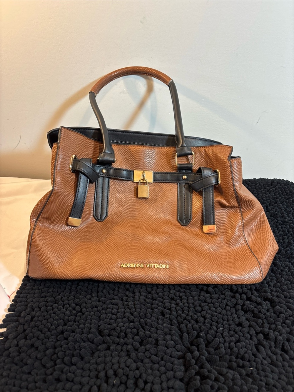 Adrienne Vittadini Brown Satchel with Black Trim and Gold Lock